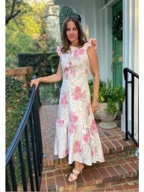 Buru x Megan Stokes Pink Floral Ruffle Sleeve Maxi Dress Sz large
